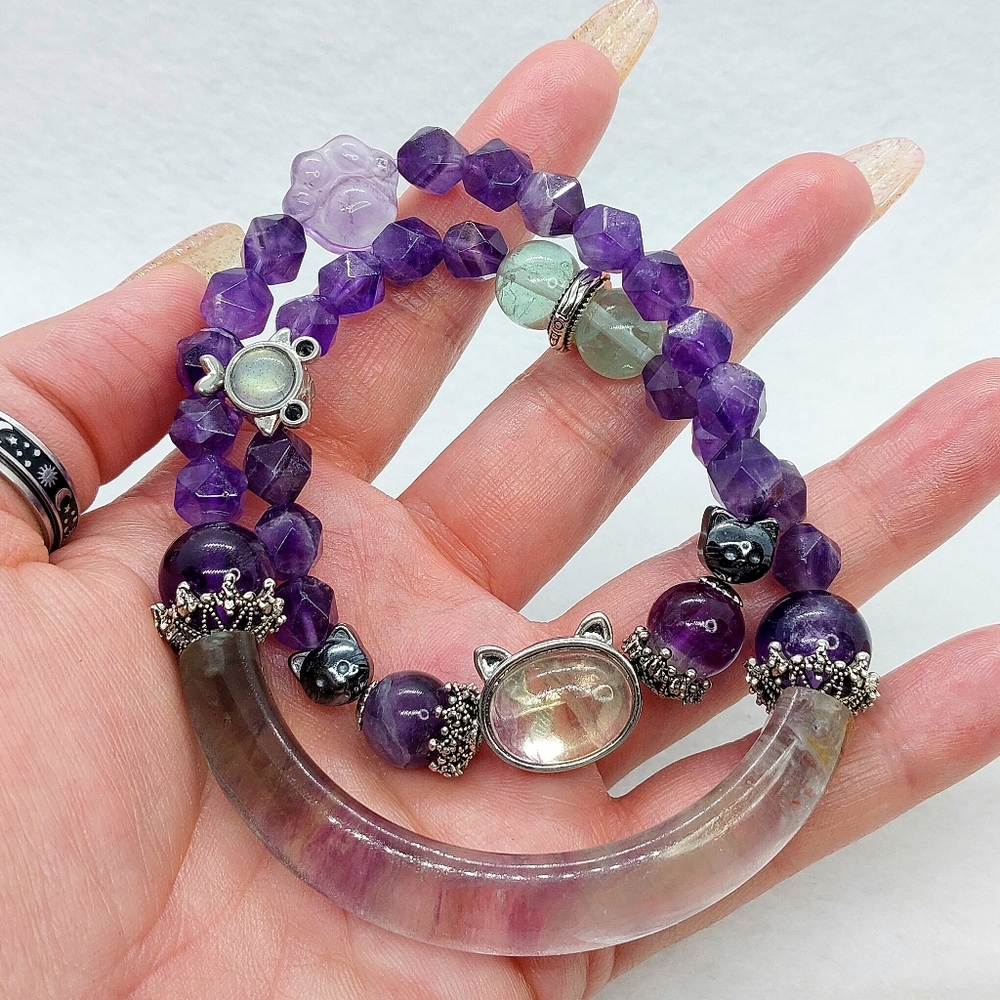 🐱 Fluorite "Kitty" Double Wrap Faceted Amethyst 1/2 Hard Bangle Bracelet - Picture 4 of 6